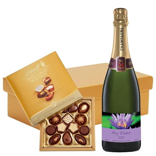 Personalised Champagne - Purple Flower Label And Lindt Swiss Chocolates Hamper
